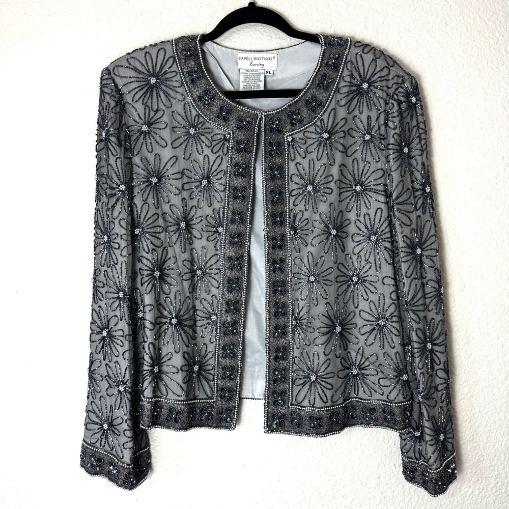 Adrianna Papell Gray Beaded Silk Floral Evening Jacket Size XL